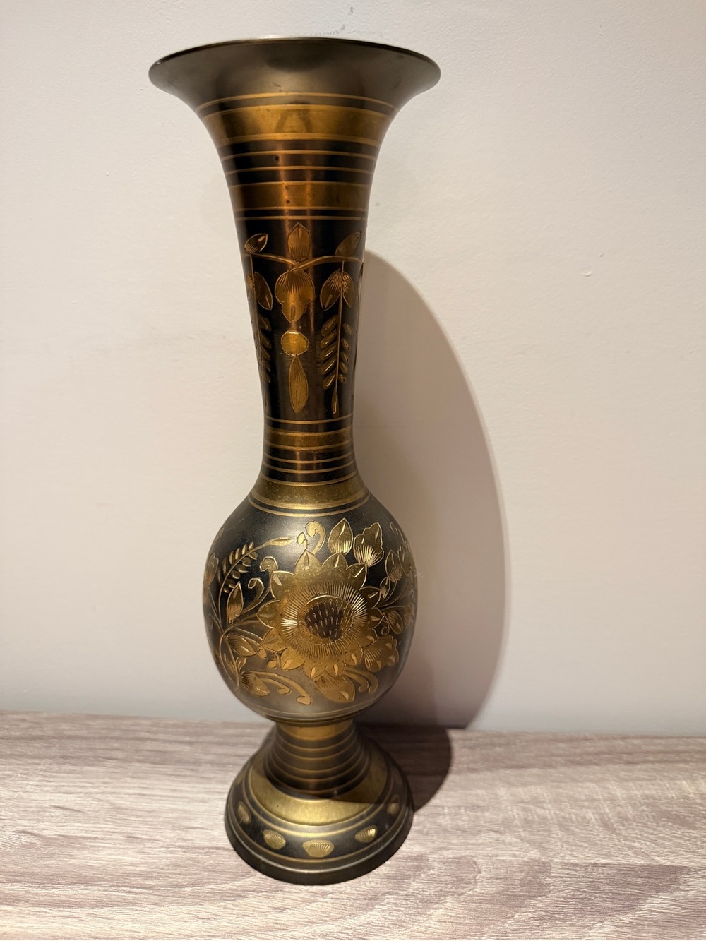 Vintage Brass Vase Made in India Black & Gold Etched Floral 12”